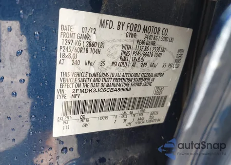2012 Ford Edge Sel from USA, damaged, VIN 2FMDK3JC6CBA89688